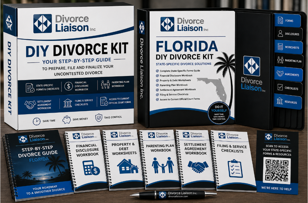 Divorce Liaison DIY Divorce Kit box, workbook, and document portfolio